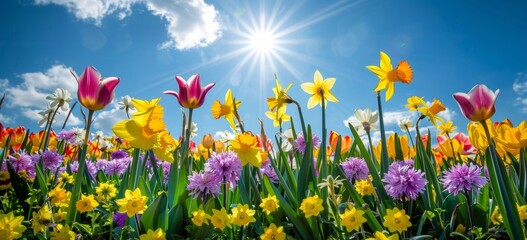 Colorful spring flowers like daffodils, tulips and purple cosmos in the foreground with a blue sky background and sun rays Generative AI