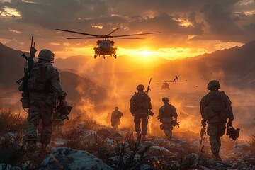 Fototapeta na wymiar A group of soldiers trek across rocky terrain, approaching helicopters during a breathtaking golden hour, symbolizing an expedition