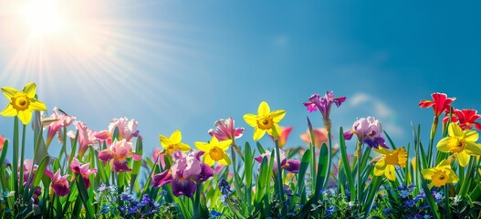 Colorful spring flowers like daffodils, tulips and irises in the foreground with blue sky and sun rays on background Generative AI