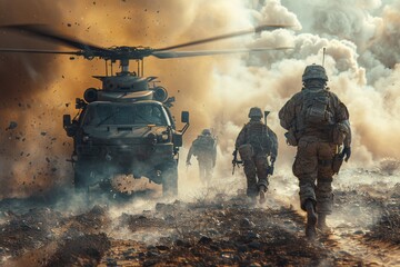 Intense scene of military action as soldiers advance through dust with helicopters overhead, depicting a rapid deployment - obrazy, fototapety, plakaty