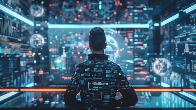 Skilled Cyberpunk Hacker in Futuristic Setting, Surrounded by Holographic Interfaces. Intricate, Code, Virtual Reality, VR, Tech, Technology, Cyber, Futuristic, Digital, Computer
