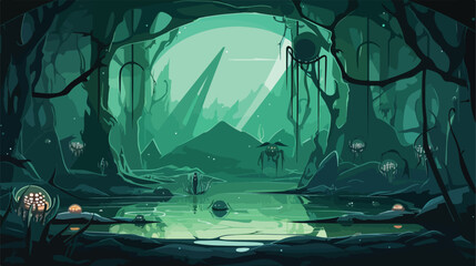 A cybernetic swamp with glowing algae and mechanica