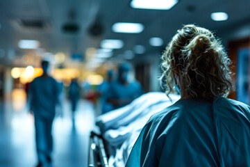 Hospital Nurse Navigating Corridor with Gurney.