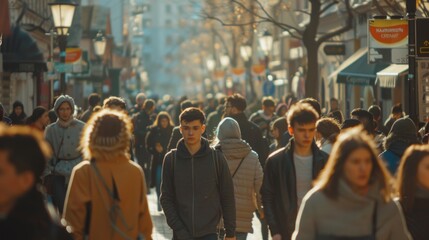 photography of busy street, a lot of people, young people, in street style, one beautiful...