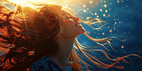 Joyful Woman Embracing the Wind with Sunlit Hair. Generative ai