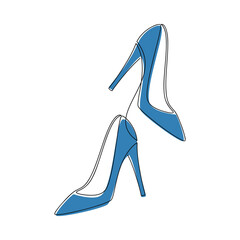 Blue pumps high heels shoes line continuous drawing vector illustration. Hand drawn linear silhouette icon. Fashion print, shop banner, card, wall art poster, brochure.