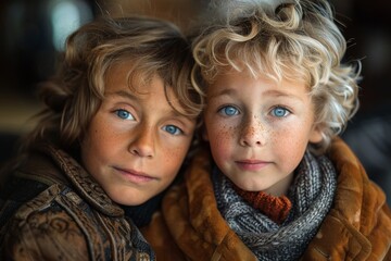 Portraits of two children with striking blue eyes and similar countenances - obrazy, fototapety, plakaty