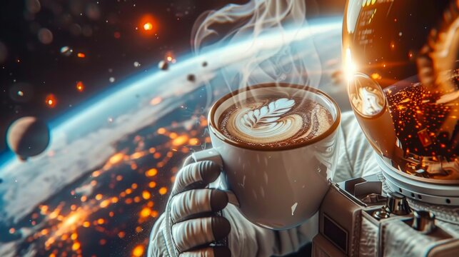 Astronaut Offering a Cup of Cosmic Coffee. Generative ai