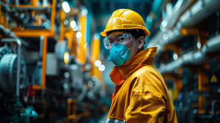 An industrial worker in a yellow suit and protective mask stands inside a busy factory environment.
