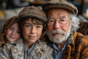 A heartwarming scene of an old man and children smiling, emanates love and happiness