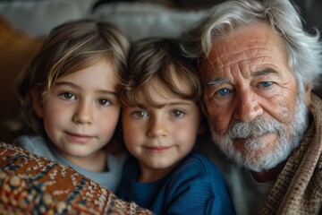 Elderly man embracing his young grandchildren, creating a sense of family warmth