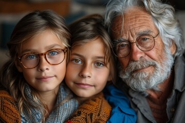 A close-up portrait of a loving grandfather with his arms around his two grandchildren depicts deep family bonds
