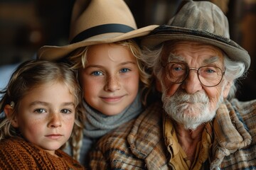 An elderly man and his grandkids wear stylish hats in this lovely family portrait - obrazy, fototapety, plakaty