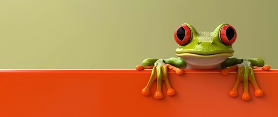 Curious Cartoon Frog Peering Over Edge. Generative ai - obrazy, fototapety, plakaty