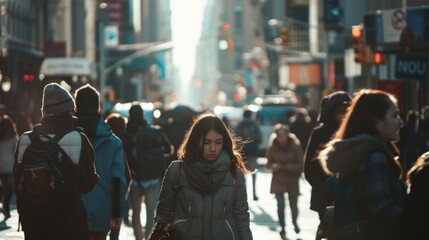 photography of busy street, a lot of people, young people, in street style, one beautiful 25-year-old blonde woman facing the camera, eye level, early spring, soft light, left-side lightning - obrazy, fototapety, plakaty