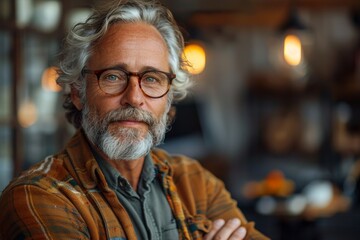 A portrait of a contemplative older gentleman with a serene expression, wearing glasses and a stylish outfit - obrazy, fototapety, plakaty