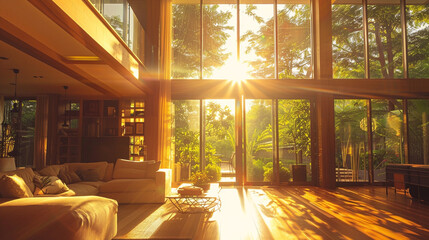 A breathtaking photograph capturing the beauty of a modern mansion enveloped in sunlight, its...