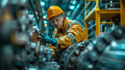 A skilled technician in protective workwear adjusts complex machinery at an industrial manufacturing plant.