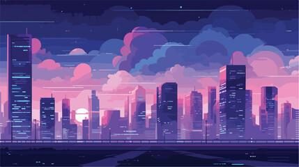 A futuristic cityscape at dusk with neon lights ref - obrazy, fototapety, plakaty
