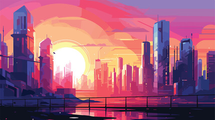 A futuristic cityscape at sunset with the sky ablaz