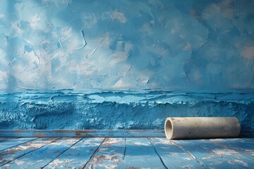 A striking image of blue textured paint with a weathered concrete cylinder on a wooden surface