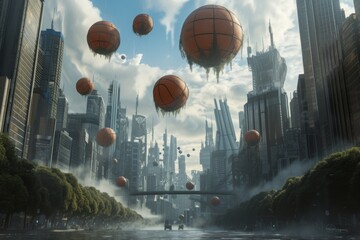Group of Basketball Floats Over City, A surreal scene where giant basketballs are replacing the usual buildings in a city skyline, AI Generated - obrazy, fototapety, plakaty