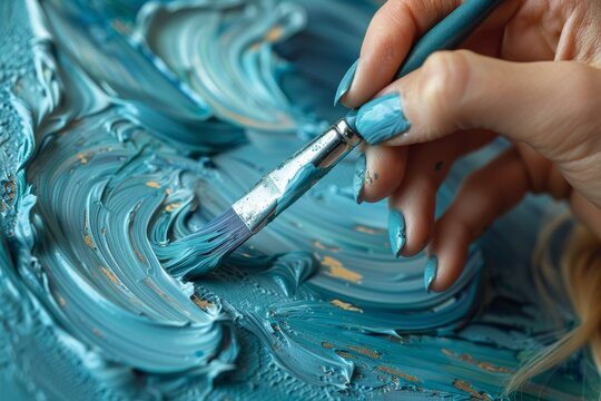 A detailed image of a hand holding a paintbrush with swirling blue and white paint