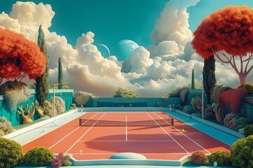 This photo shows a realistic painting of a tennis court enclosed by a lush grove of trees, A surrealistic illustration featuring a tennis court in a dreamy landscape, AI Generated