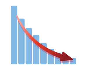 Red arrow going down stock icon on white background. Decrease, Bankruptcy, financial market crash icon for your web site design, logo, app, UI. graph chart downtrend symbol.chart going down sign.