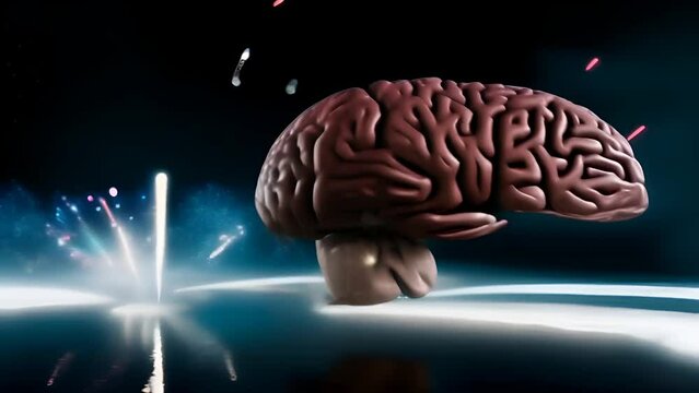 model of human brain juxtaposed with dynamic display of fireworks, symbolizes explosion of thoughts, creativity, and innovation