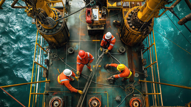 Workers clad in safety gear collaborate on the deck of an offshore rig, securing equipment with the ocean's expanse as their backdrop. The teamwork and collaboration on an offshore platform