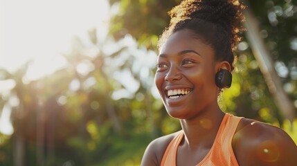 technology, sport and people concept - happy smiling young african american woman with fitness - obrazy, fototapety, plakaty
