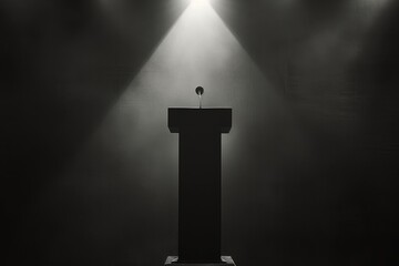silhouette of lectern or rostrum with microphone in the spotlight. speech talk lecture influence attention concept.