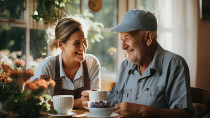 Friendly young woman talking and laughing with a joyful elderly man in a modern cafe. Warm connection between older and younger generations. Colleagues during a coffee break. Father’s Day theme.