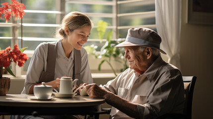 Happy young person talking to a kind and smiling elderly man in a modern cafe. Colleagues during a coffee break. Warm communication between older and younger generations.