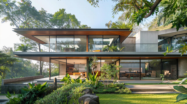 A captivating image showcasing a contemporary residence bathed in sunlight, its expansive windows offering panoramic views of lush green surroundings,