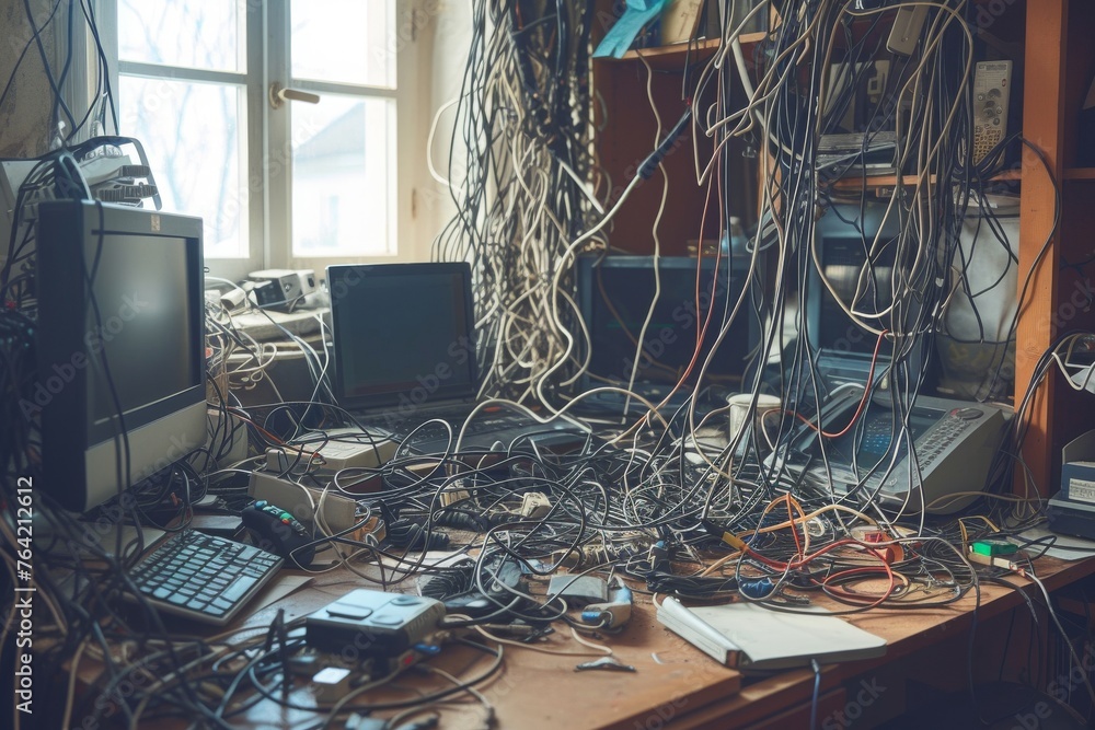 Poster this photo captures a cluttered desk with numerous computers and an entanglement of wires, a tangled