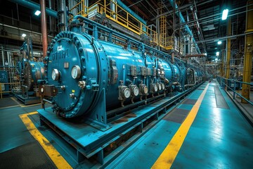 Obraz premium Wide angle view of large industrial blue boilers in a complex manufacturing plant facility