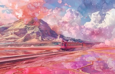 Whimsical Pink Railway Journey, surreal landscape where a pink train glides through a fantastical realm of candy-colored mountains under a sky painted with pastel clouds, evoking a dreamy sense