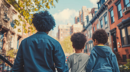 African American father with two kids walking on the city street along the residential buildings, on a sunny summer day. Dad with two sons. Diversity, new life, multicultural people.