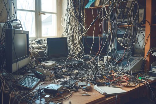 This photo captures a cluttered desk with numerous computers and an entanglement of wires, A tangled mess of cords by a home workspace, AI Generated