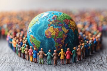 Colorful miniature figures standing in a circle around a textured globe on a wooden surface signifying global community and diversity - obrazy, fototapety, plakaty
