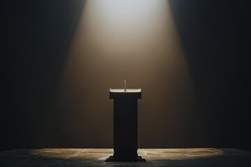 silhouette of lectern or rostrum with microphone in the spotlight. speech talk lecture influence attention concept.