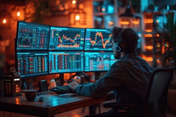 A focused individual surrounded by multiple screens displaying intricate stock market graphs and data charts in a dark room