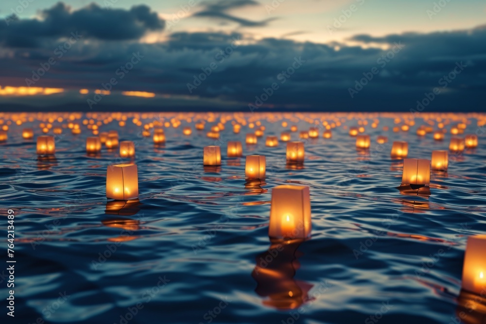 Poster a large number of lanterns are seen floating on the water, creating a stunning visual display, a vas
