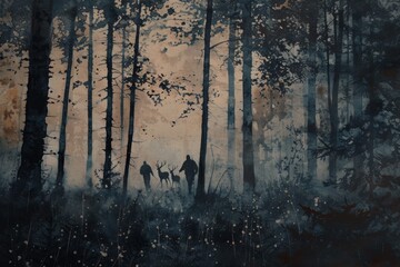 A Painting of a Group of People Walking Through a Forest, A twilight forest scene with hunters quietly stalking a deer, AI Generated