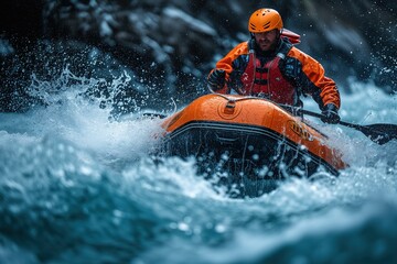 Fototapeta premium A person in a full-body protective suit riding a jet ski with water splashing around in rapid motion