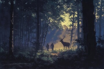 A painting depicting two individuals and a deer in a forest setting, A twilight forest scene with hunters quietly stalking a deer, AI Generated - obrazy, fototapety, plakaty