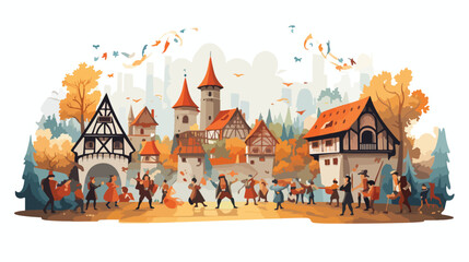 A medieval village celebrating a festival
