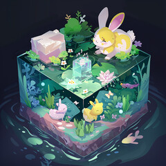 a small cube with plants and little bunny, 2d cartoon little bunny in cube concept, Kawaii little rabbit